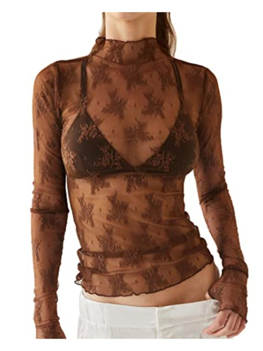 Women's Long Sleeve Mesh Top Sheer Floral Lace Mock Neck Blouse